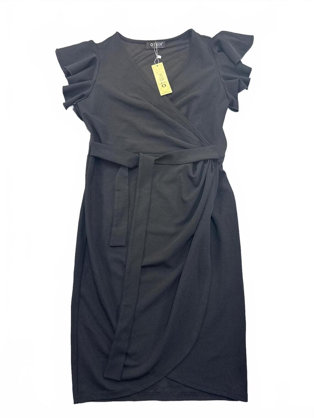 OTEN Black Flutter-Sleeve Wrap Midi Dress